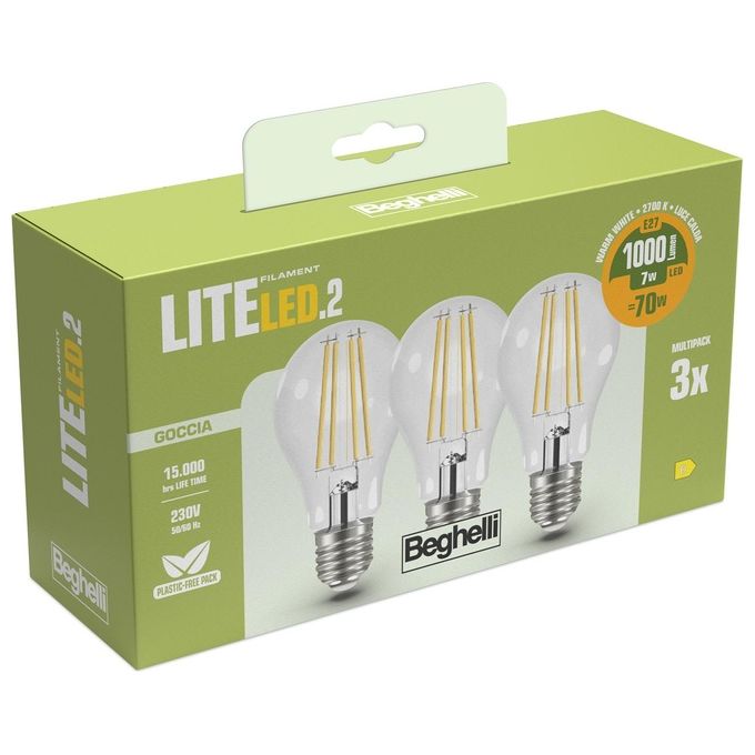 Beghelli Lampadina Led Goccia 7W e27 2700k Filament Led 2 Luce Calda 3 Pezzi