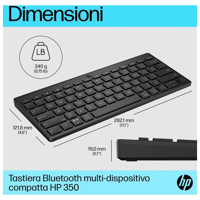HP 692S8AA 350 Tastiera Compatta Wireless Bluetooth 5.2 Multi-dispositivo Layout Italiano Autonomia 2 anni colore Nero