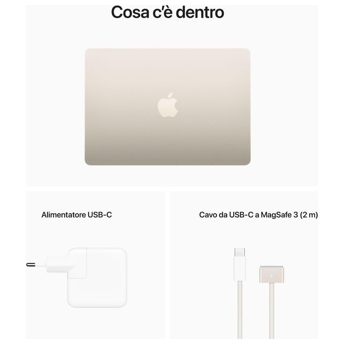 Apple MacBook Air 13'' Notebook M2 8 Core CPU 8 Core GPU 8 GB RAM 256 GB SSD colore Starlight