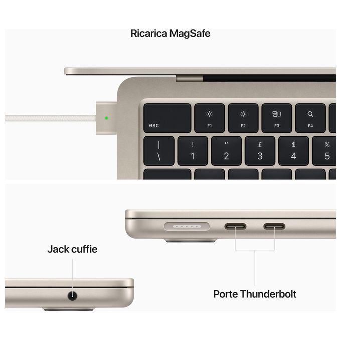 Apple MacBook Air 13'' Notebook M2 8 Core CPU 8 Core GPU 8 GB RAM 256 GB SSD colore Starlight