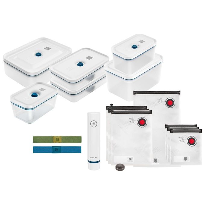 ZWILLING 1022488 Fresh and Save Set Sottovuoto per Alimenti 16 pezzi con Pompa Contenitori e Sacchetti colore Blu Bianco