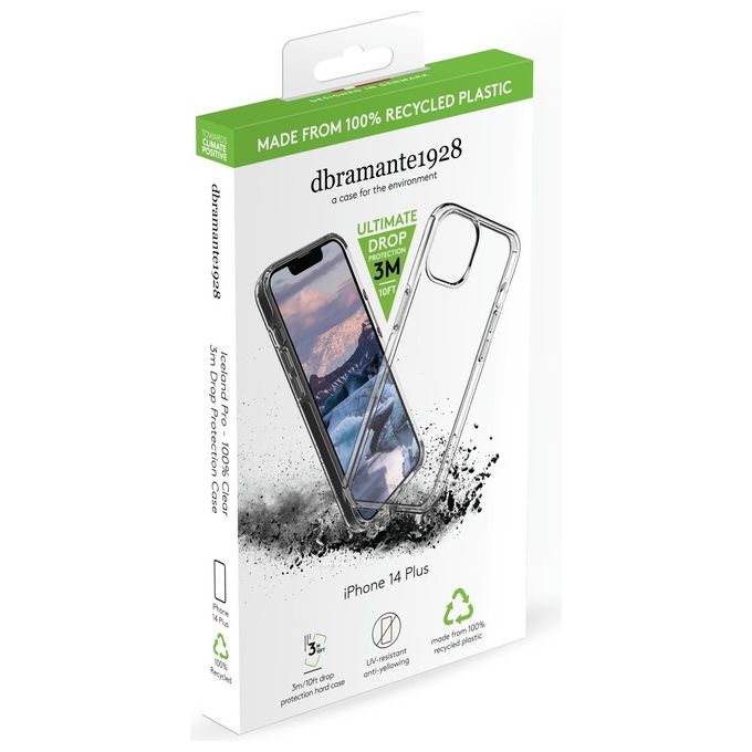 Dbramante1928 IP67CL001623 Iceland Pro Cover per Apple iPhone 14 Plus in Plastica Riciclata al 100% con Protezione Anticaduta fino a 3 m e Compatibilita' Ricarica Wireless colore Trasparente