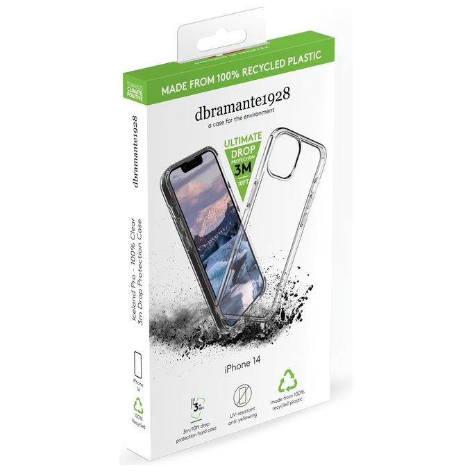 Dbramante1928 IP61CL001622 Iceland Pro Custodia per iPhone 14 in Plastica Riciclata Compatibile con Ricarica Wireless Protezione Caduta fino a 3 m colore Trasparente