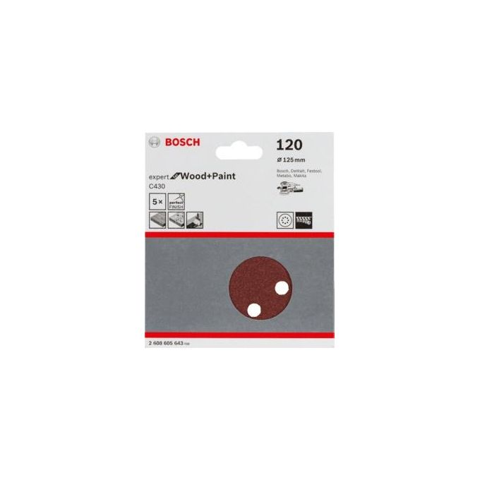 Bosch 2608605643 C430 Expert for Wood and Paint Dischi Abrasivi 125 mm Grana 120 8 Fori Confezione 5 Pezzi