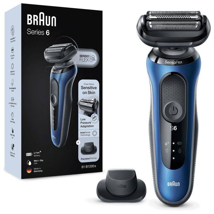 Braun 61-B1200S Series 6 Rasoio elettrico SensoFlex bagnato e secco 3 testine autonomia 50 min colore Nero Blu