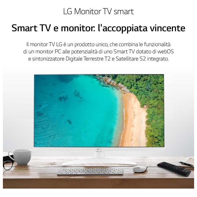 LG 27TQ615S Monitor TV 27'' Smart WebOS 22 Full HD IPS LED Wi-Fi Bluetooth DVB-T2 S2 colore Bianco