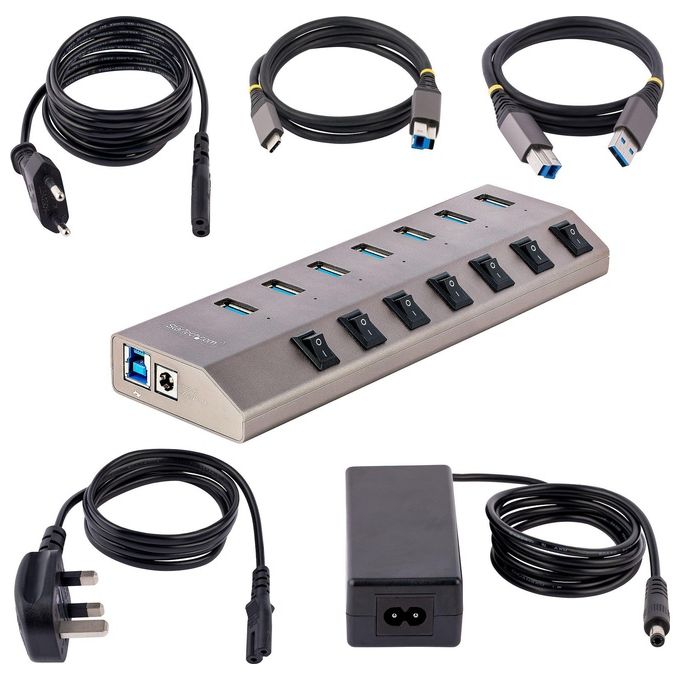 StarTech.com 5G7AIBS-USB-HUB-EU Hub USB 7 Porte Autoalimentato con Interruttori Individuali USB 3.2 Gen 1 5Gbps Cavo USB-C e USB-A Incluso colore Grigio