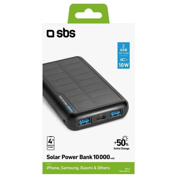 SBS TTBB10000SK Power Bank con Pannello Solare 10000 mAh Fast Charge 2x USB-A 10W USB-C Intelligent Charge colore Nero