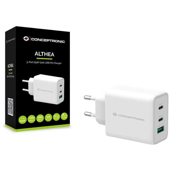 Conceptronic ALTHEA12W Caricabatterie USB 3 Porte 65W GaN PD 3.0 Quick Charge 3.0 2x USB-C 1x USB-A colore Bianco