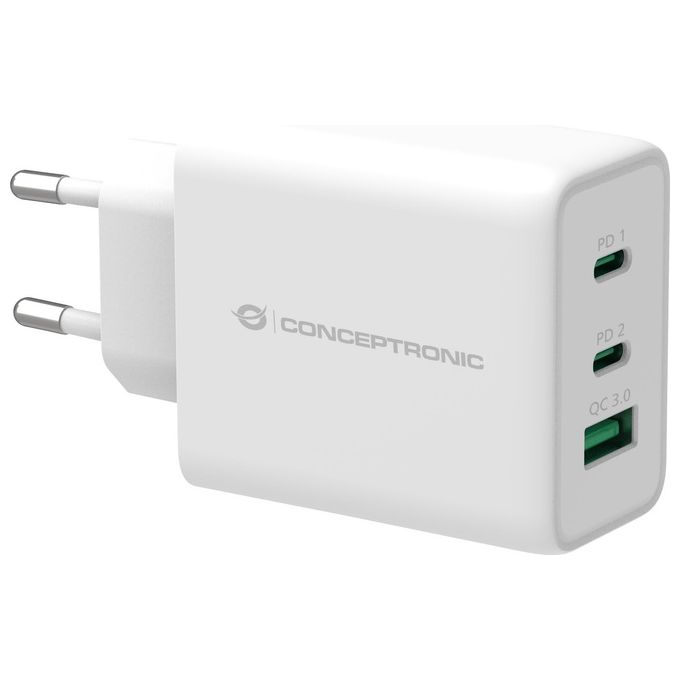 Conceptronic ALTHEA12W Caricabatterie USB 3 Porte 65W GaN PD 3.0 Quick Charge 3.0 2x USB-C 1x USB-A colore Bianco