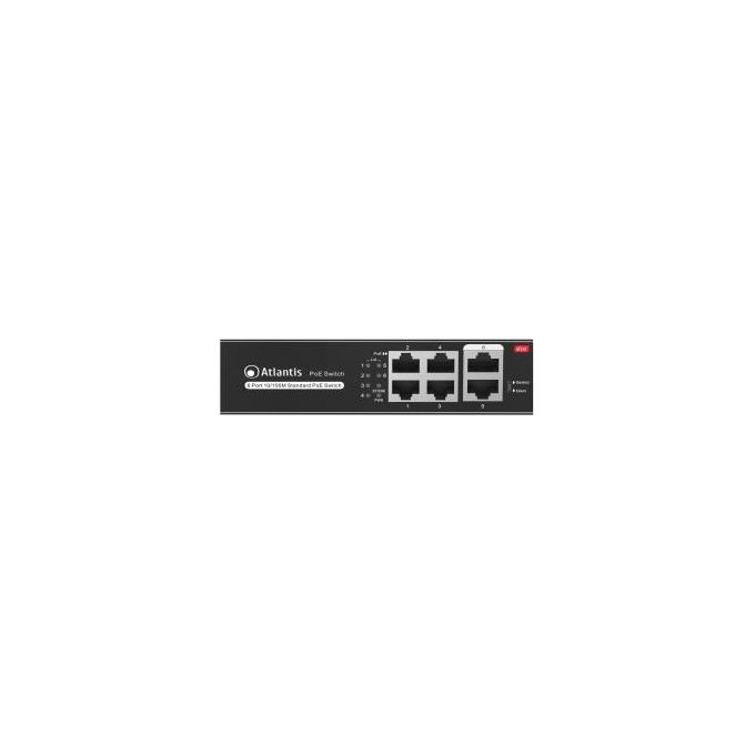 Atlantis A02-F6P4-65W NetPower Switch PoE 6 Porte Fast Ethernet 10-100 Mbps 4 Porte PoE 30W 802.3af-at VLAN Extended 250m Rack 19'' colore Nero