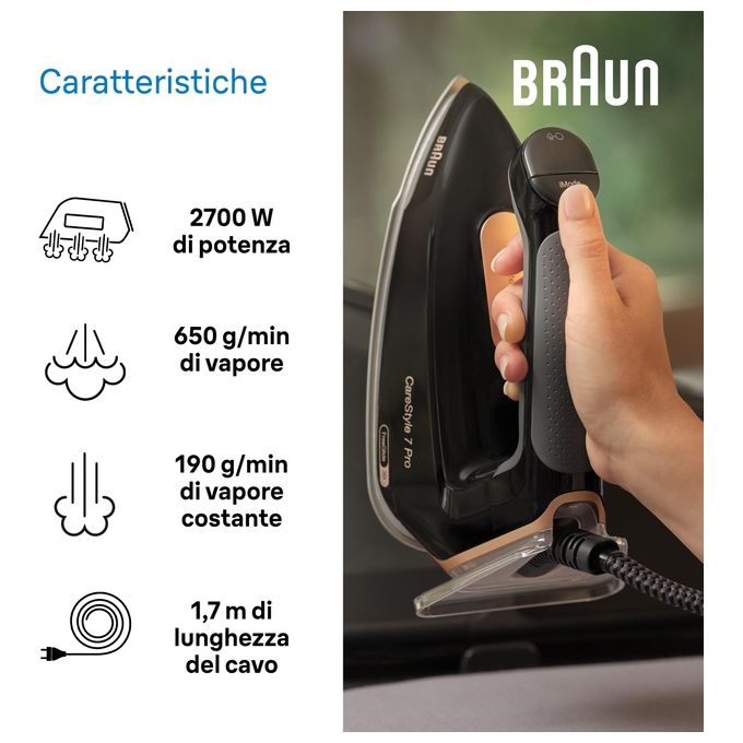 Braun IS7286BK CareStyle 7 Pro Ferro da Stiro con Caldaia 2700W 8 bar 2 L Piastra EloxalPlus FreeGlide 3D colore Nero