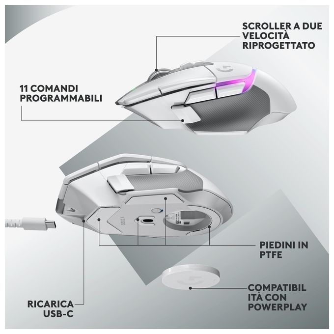 Logitech G 910-006172 G502 X PLUS Mouse Gaming Wireless 25600 DPI 13 Tasti Programmabili Sensore HERO 25K Illuminazione RGB LIGHTSYNC colore Bianco