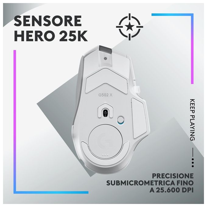 Logitech G 910-006172 G502 X PLUS Mouse Gaming Wireless 25600 DPI 13 Tasti Programmabili Sensore HERO 25K Illuminazione RGB LIGHTSYNC colore Bianco
