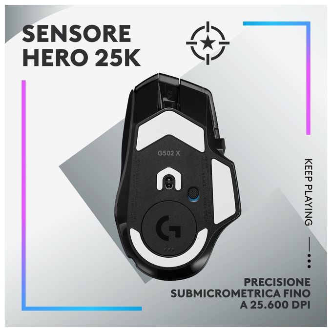 Logitech G502 X PLUS Mouse Gaming Wireless LIGHTSPEED Sensore HERO 25K 25600 DPI 13 Tasti Programmabili RGB colore Nero