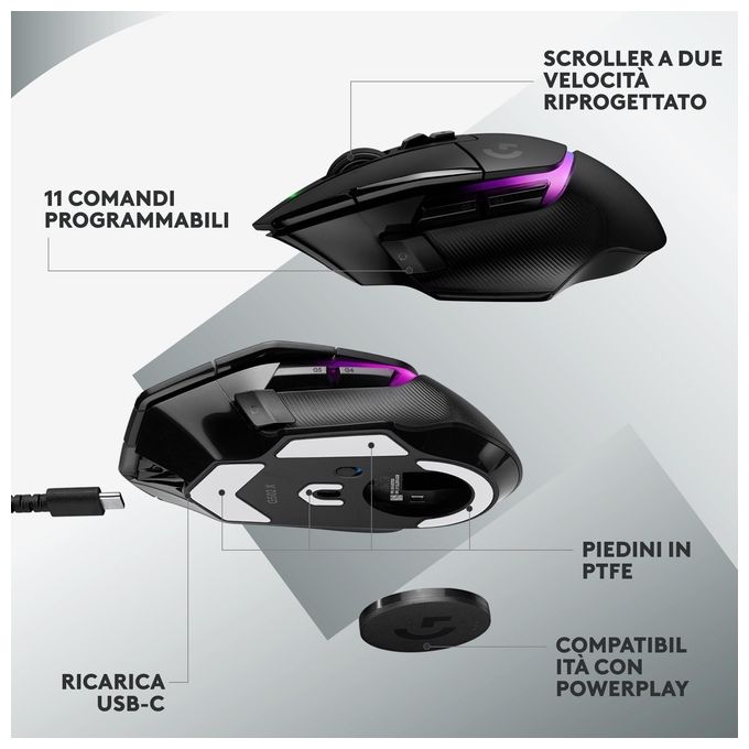 Logitech G502 X PLUS Mouse Gaming Wireless LIGHTSPEED Sensore HERO 25K 25600 DPI 13 Tasti Programmabili RGB colore Nero