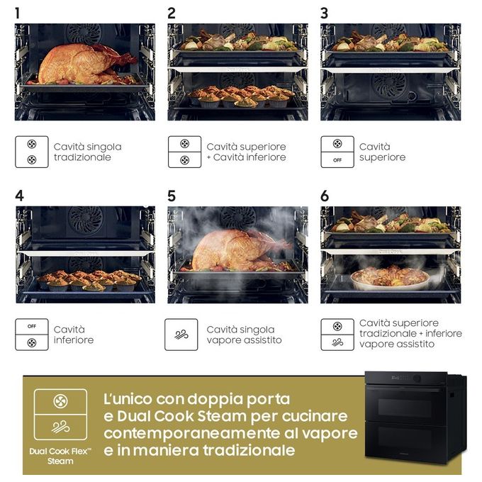 Samsung NV7B5760WBK Serie 5 Forno da incasso Elettrico a Vapore 76 L Classe A+ Dual Cook Flex Air Fry WiFi (60x60x57 cm) colore Nero