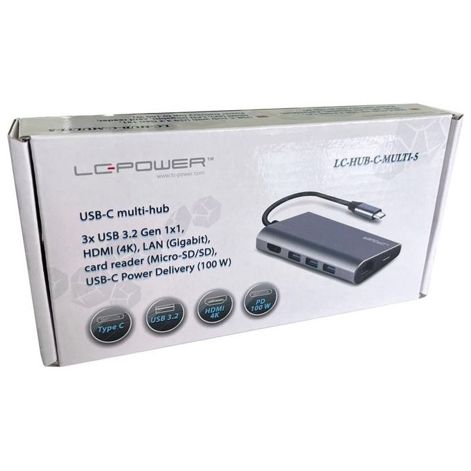 LC-Power LC-HUB-C-MULTI-5 Docking Station USB-C 3 Porte USB-A 1 Porte USB-C HDMI RJ45 Lettore SD-MicroSD 100 W colore Antracite Nero