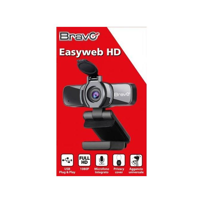 Bravo 92902925 Easy Web Webcam Full HD 1920x1080 con Microfono Integrato e Coperchio per Privacy colore Nero