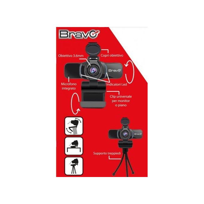 Bravo 92902925 Easy Web Webcam Full HD 1920x1080 con Microfono Integrato e Coperchio per Privacy colore Nero