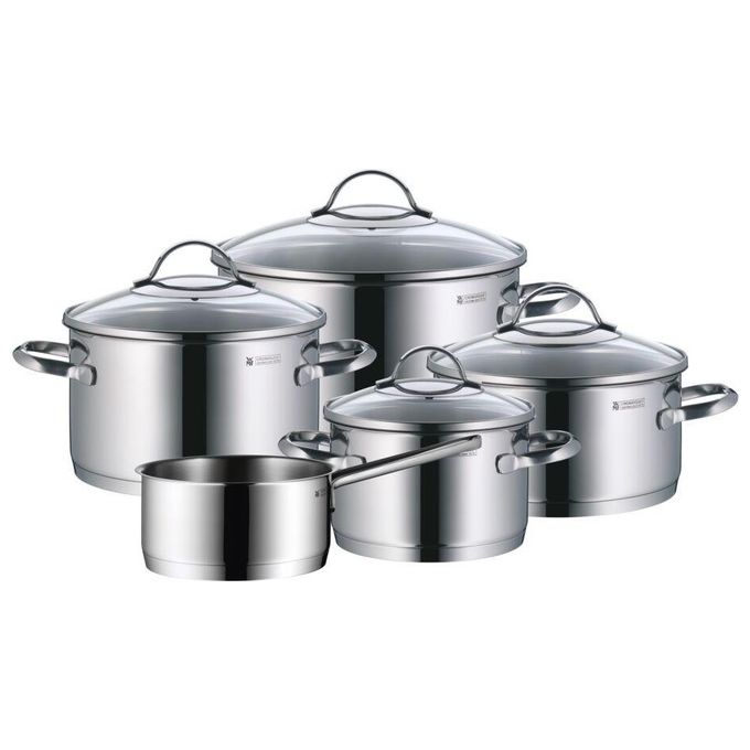 WMF 07.2155.6380 Provence Plus Set di Pentole 5 Pezzi in Acciaio Inossidabile Cromargan 18-10 con Fondo TransTherm Compatibile Induzione 4 Coperchi in Vetro colore Acciaio inox
