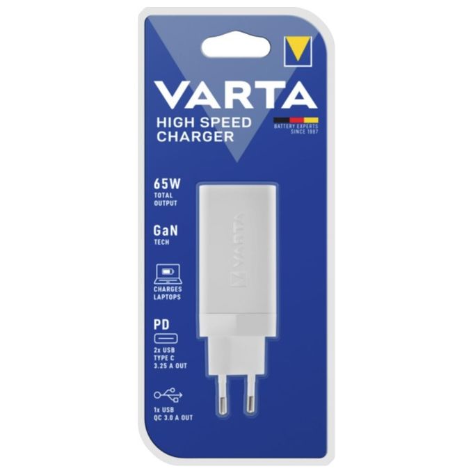 Varta 57956101401 Caricabatterie Rapido GaN 65W 3 Porte 2x USB-C 1x USB-A Power Delivery Quick Charge colore Bianco