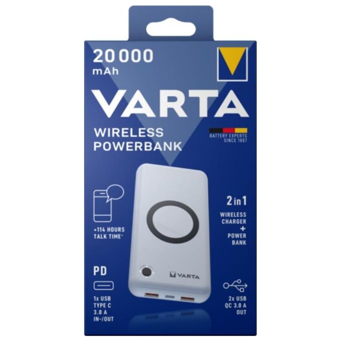 Varta 57909101111 Slim Power Bank Wireless 20000 mAh 20W USB Type-C PD Quick Charge 3.0 colore Bianco