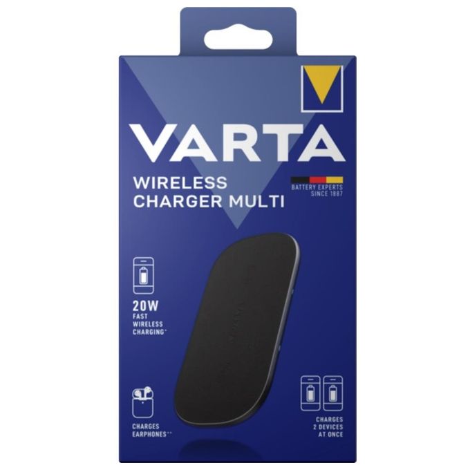VARTA 57906101111 Wireless Charger Multi Caricatore Wireless 20 W con 2 Aree di Ricarica simultanee compatibile Qi incluso Cavo USB C colore Nero