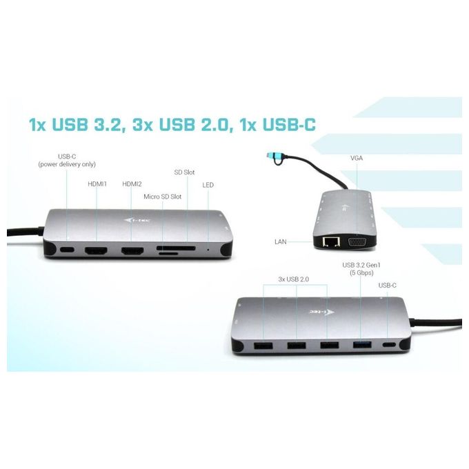 I-tec CANANOTDOCKPD USB 3.0 USB-C Thunderbolt 3 Docking Station con 3 Uscite Video LAN e Power Delivery 100 W colore Argento