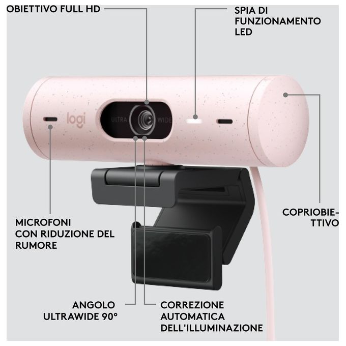 Logitech 960-001421 Brio 500 Webcam Full HD 1080p 4 MP USB-C Doppio Microfono 90° colore Rosa