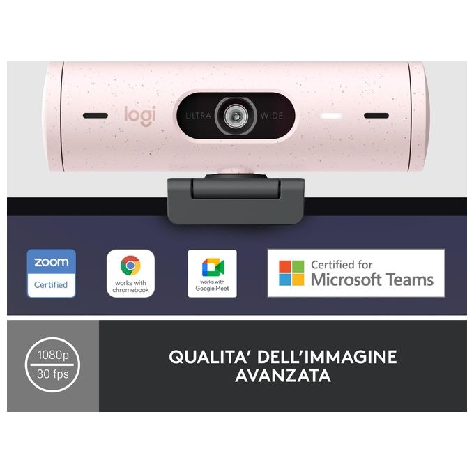 Logitech 960-001421 Brio 500 Webcam Full HD 1080p 4 MP USB-C Doppio Microfono 90° colore Rosa