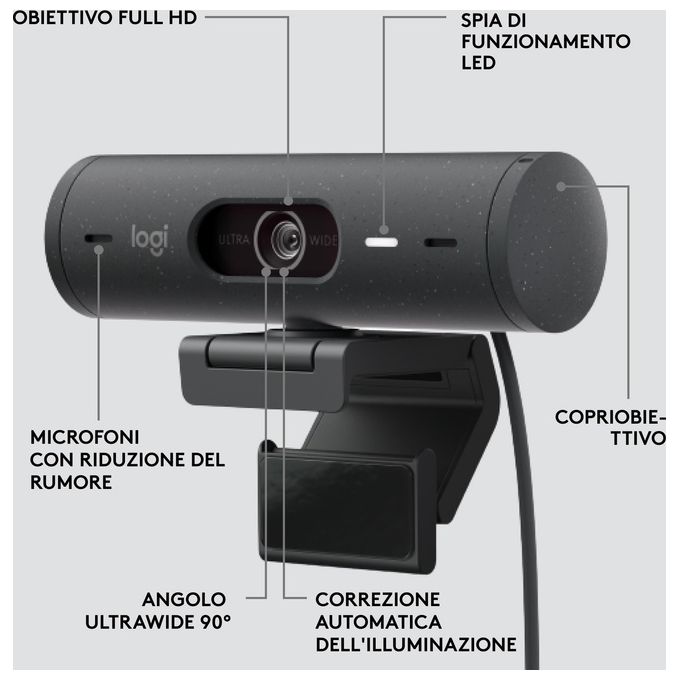 Logitech 960-001422 Brio 500 Webcam Full HD 1080p 60fps USB-C Doppio Microfono 90° colore Grafite