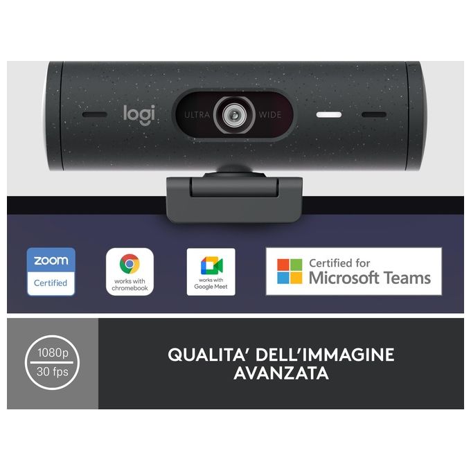 Logitech 960-001422 Brio 500 Webcam Full HD 1080p 60fps USB-C Doppio Microfono 90° colore Grafite
