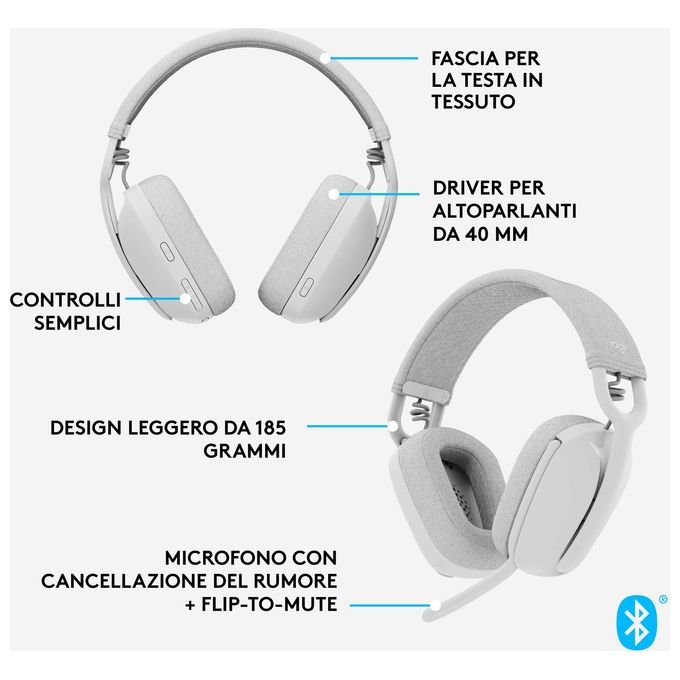 Logitech 981-001219 Zone Vibe 100 Auricolare Wireless Bluetooth 5.2 Microfono Boom con Cancellazione del Rumore Cuffie Circumaurali 40 mm Autonomia 20 Ore colore Bianco