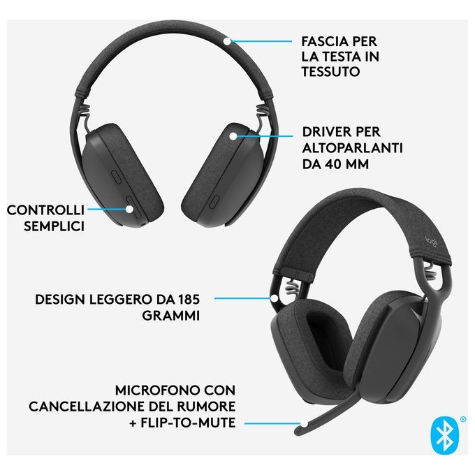 Logitech 981-001213 Zone Vibe 100 Cuffie Wireless Bluetooth Over-Ear 40mm 18h Multipoint Teams Meet Zoom colore Grafite