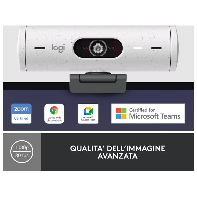 Logitech 960-001428 Brio 500 Webcam Full HD 1080p 4 MP 60 fps con Correzione Automatica della Luce e Inquadratura Automatica colore Bianco