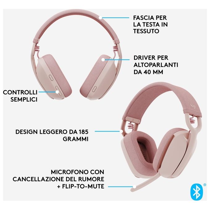 Logitech 981-001224 Zone Vibe 100 Cuffie Wireless Over-Ear con Microfono Cancellazione Rumore Bluetooth 5.2 Multipoint Fino a 30 Metri 18 Ore Batteria Colore Rosa