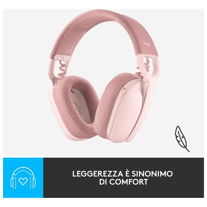 Logitech 981-001224 Zone Vibe 100 Cuffie Wireless Over-Ear con Microfono Cancellazione Rumore Bluetooth 5.2 Multipoint Fino a 30 Metri 18 Ore Batteria Colore Rosa