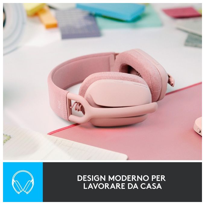 Logitech 981-001224 Zone Vibe 100 Cuffie Wireless Over-Ear con Microfono Cancellazione Rumore Bluetooth 5.2 Multipoint Fino a 30 Metri 18 Ore Batteria Colore Rosa