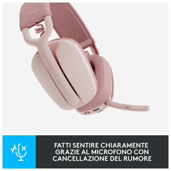 Logitech 981-001224 Zone Vibe 100 Cuffie Wireless Over-Ear con Microfono Cancellazione Rumore Bluetooth 5.2 Multipoint Fino a 30 Metri 18 Ore Batteria Colore Rosa