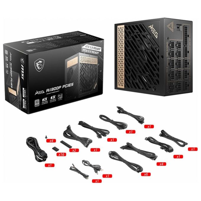 MSI 306-7ZP4A11-CE0 MEG AI1300P PCIE5 Alimentatore ATX 1300W 80 Plus Platinum Modulare PCIe 5.0 12VHPWR condensatori giapponesi colore Nero