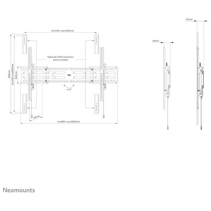 Neomounts WL30S-950BL19 Supporto a Parete Fisso per TV 55-115 Pollici fino a 160 Kg VESA 100x100-1500x900 Sistema Magnetico Pull and Release colore Nero