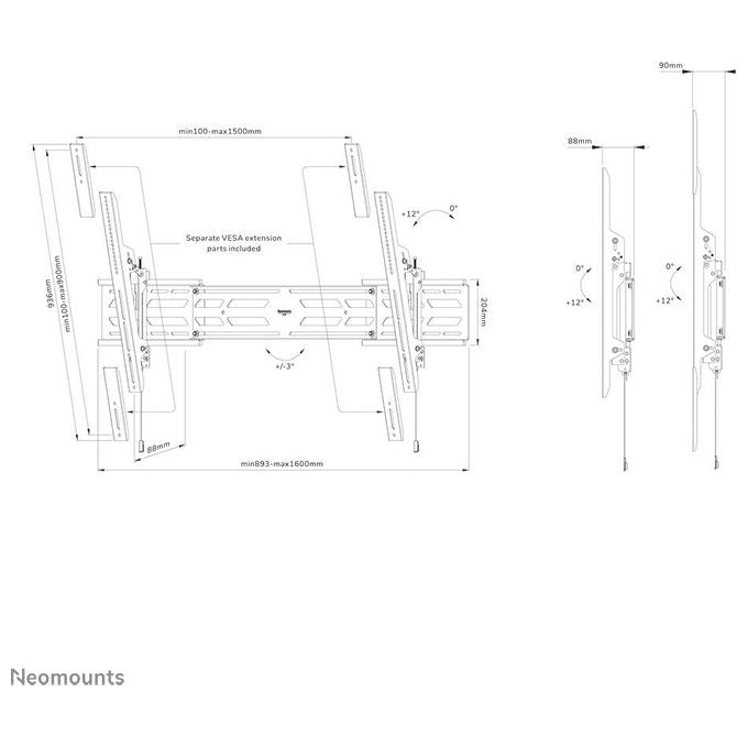 Neomounts WL35S-950BL19 Select Supporto a Parete Inclinabile per TV e Monitor 55-110 Pollici Fino a 160 Kg VESA 100x100-1500x900 mm colore Nero