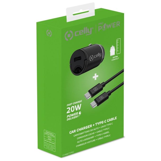 Celly KIT_ Usb-C Caricatore da Auto con Cavo Usb-C 20W