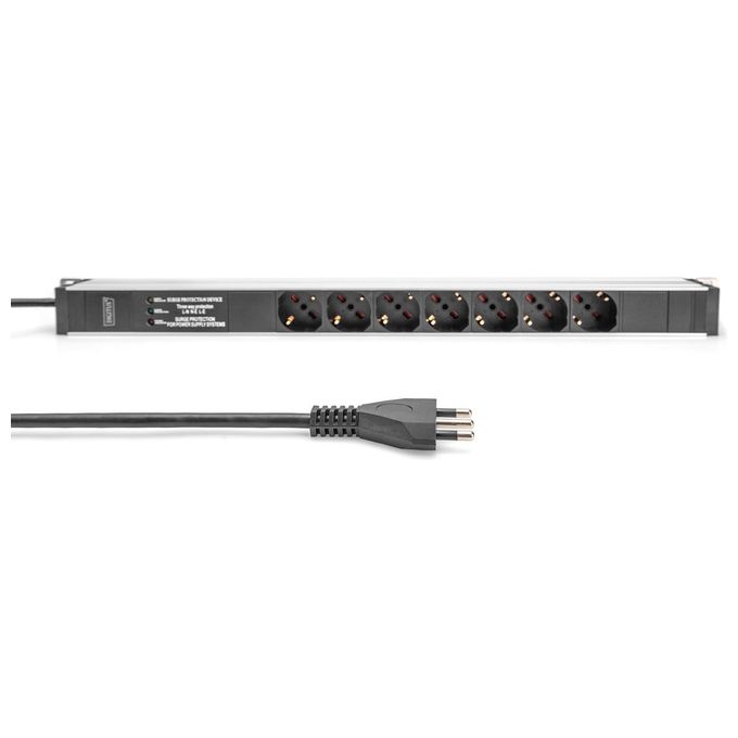 Digitus DN-95412-IT Presa Multipla 7 Prese Tipo L Montaggio Rack 0U con Protezione Sovratensione Filtro di Rete 2 m colore Nero