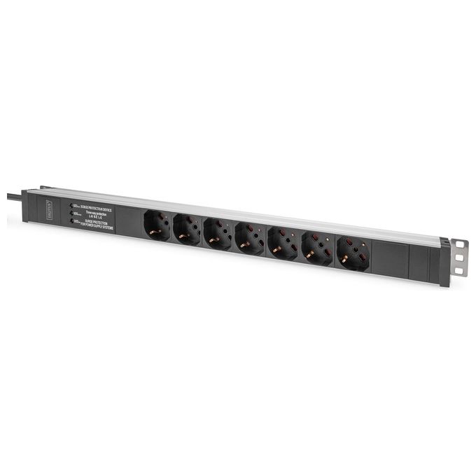 Digitus DN-95412-IT Presa Multipla 7 Prese Tipo L Montaggio Rack 0U con Protezione Sovratensione Filtro di Rete 2 m colore Nero