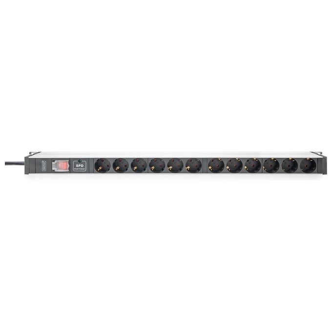 Digitus DN-95435 Multipresa PDU Rack 12 Prese Schuko 230V 16A 3600W Protezione Sovratensione Interruttore Cavo 2m colore Alluminio