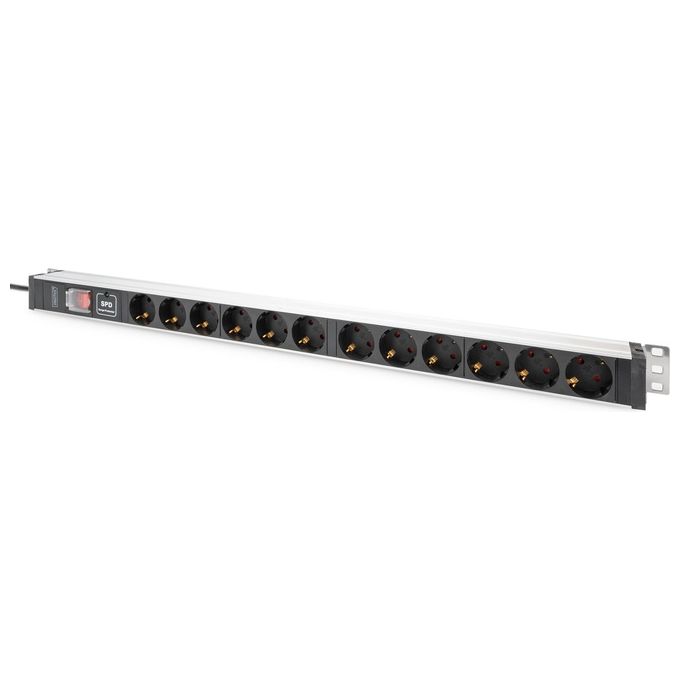 Digitus DN-95435 Multipresa PDU Rack 12 Prese Schuko 230V 16A 3600W Protezione Sovratensione Interruttore Cavo 2m colore Alluminio