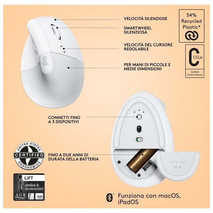 Logitech 910-006477 Lift for Mac Mouse Ergonomico Verticale Wireless Bluetooth 4000 DPI SmartWheel colore Bianco