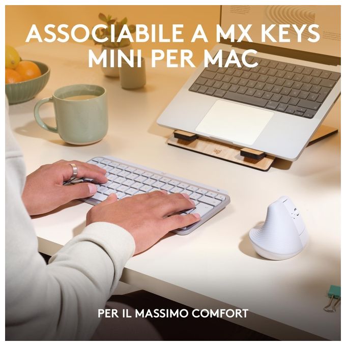 Logitech 910-006477 Lift for Mac Mouse Ergonomico Verticale Wireless Bluetooth 4000 DPI SmartWheel colore Bianco